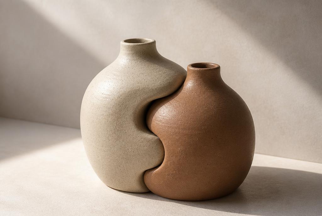 Two interlocking ceramic vessels in soft light