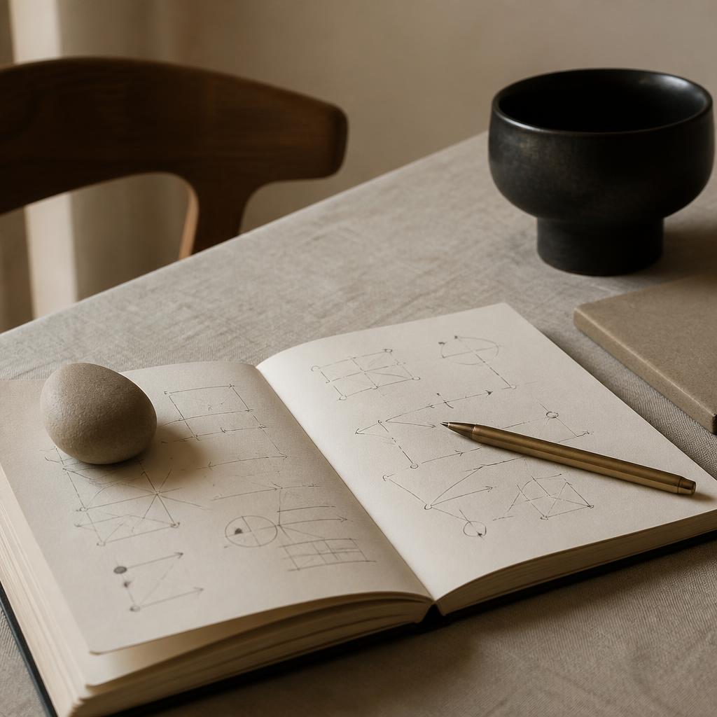 Open notebook of hand-drawn strategy diagrams with a brass pen