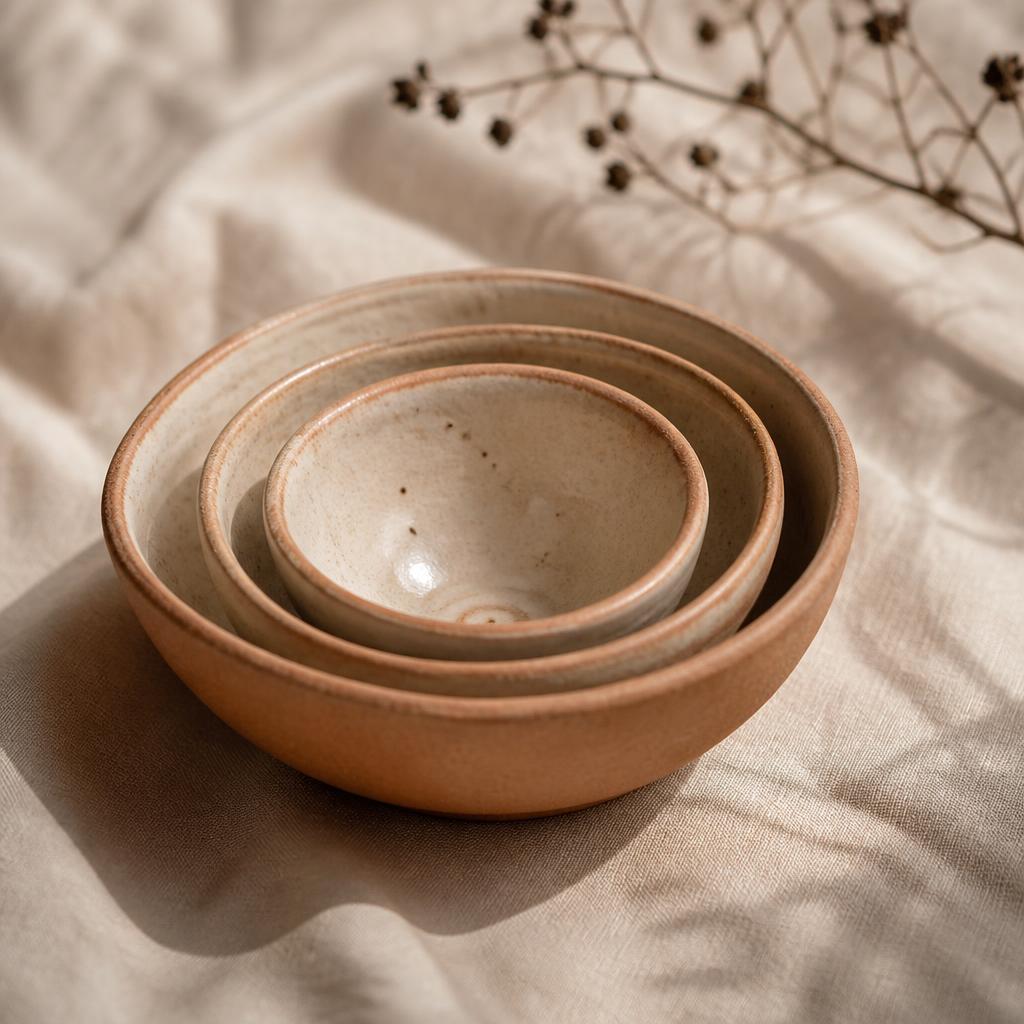 Three handmade ceramic bowls nested together on linen