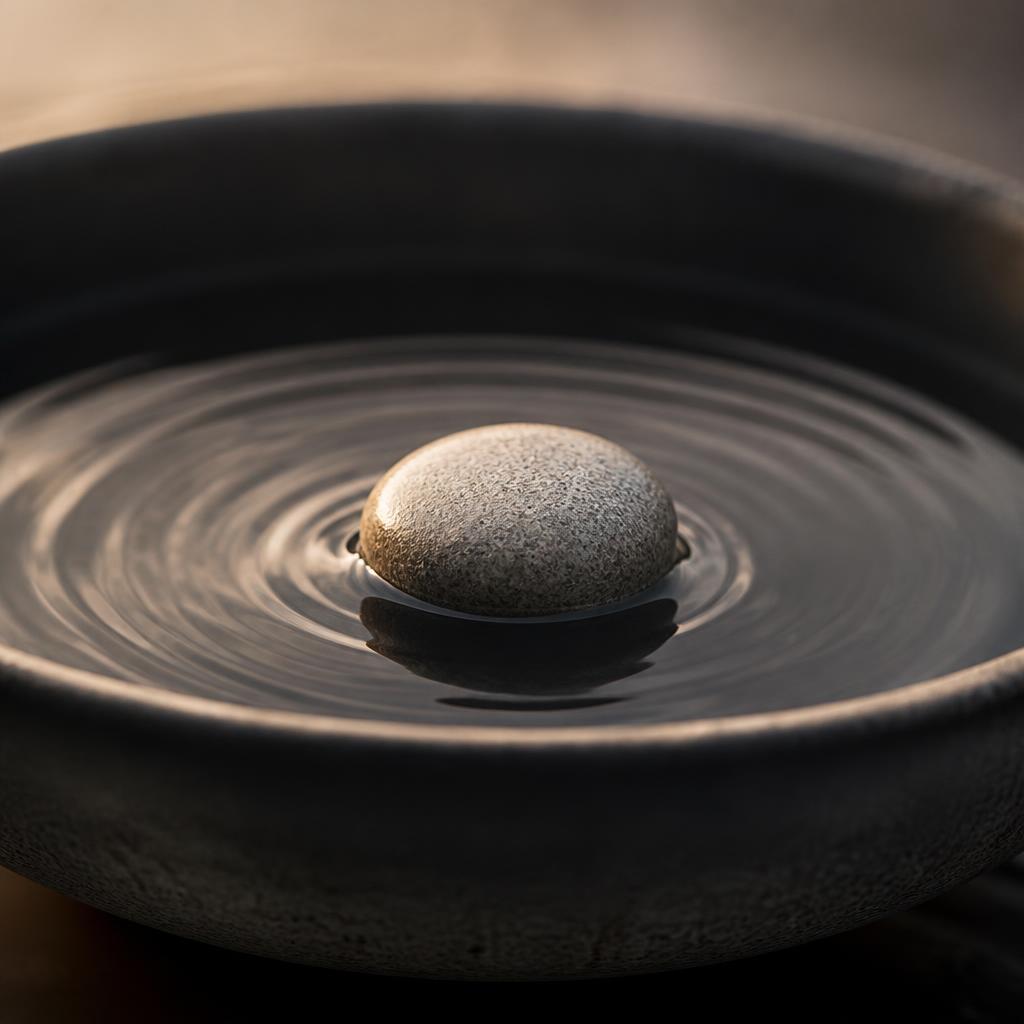 A pebble resting in a still bowl of water with concentric ripples