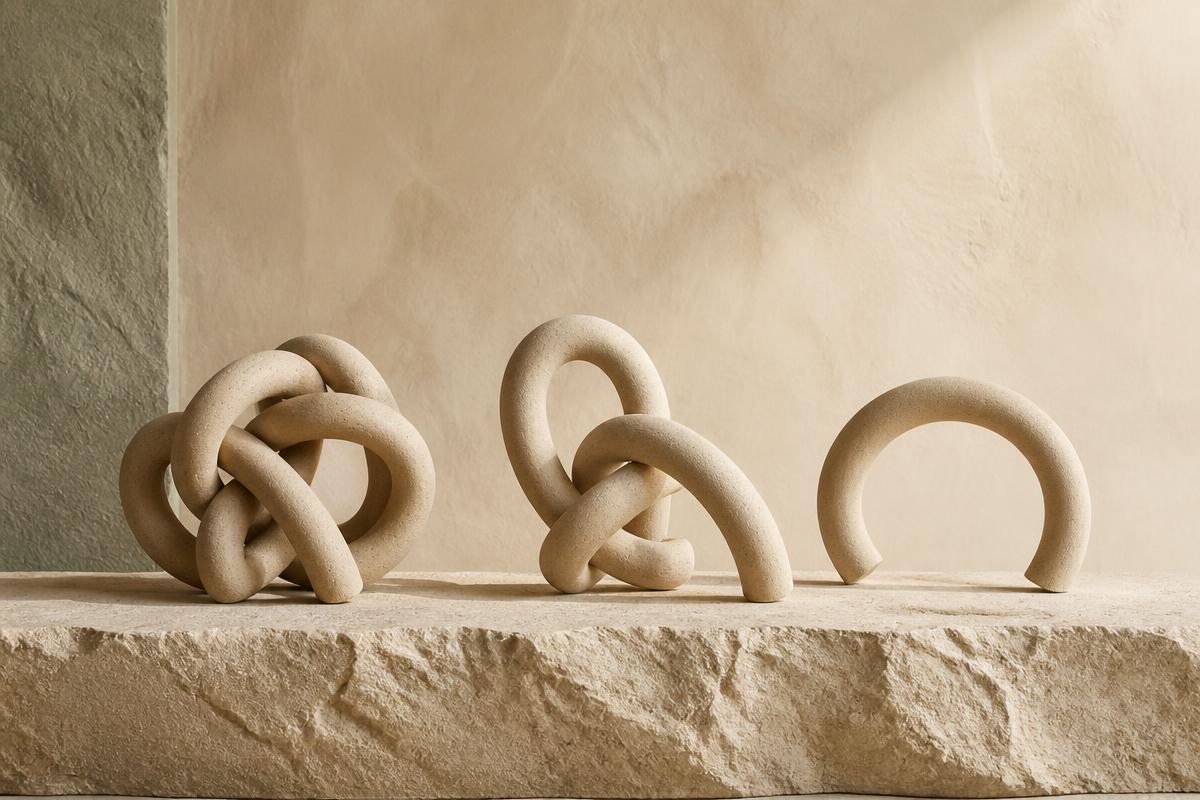 Three carved stone forms progressing from a knot to an unwinding coil to a clean arc