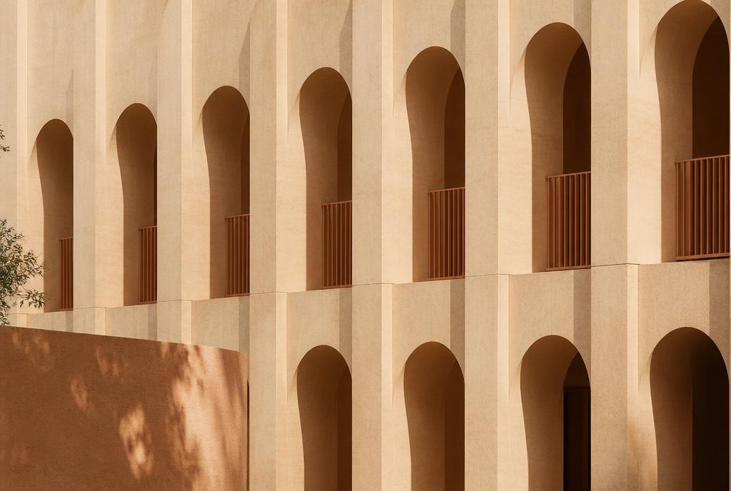 Warm-toned building facade with a rhythmic grid of arched openings