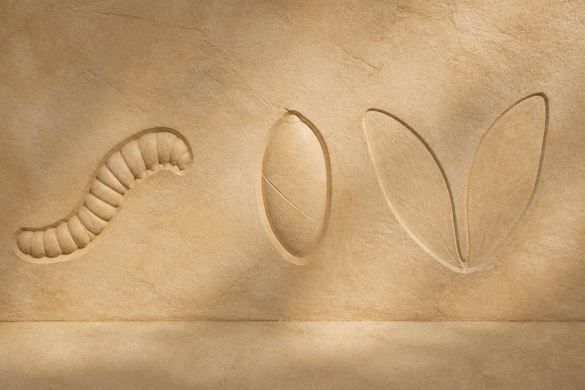 Alabaster chrysalis sculpture opening as carved wings emerge