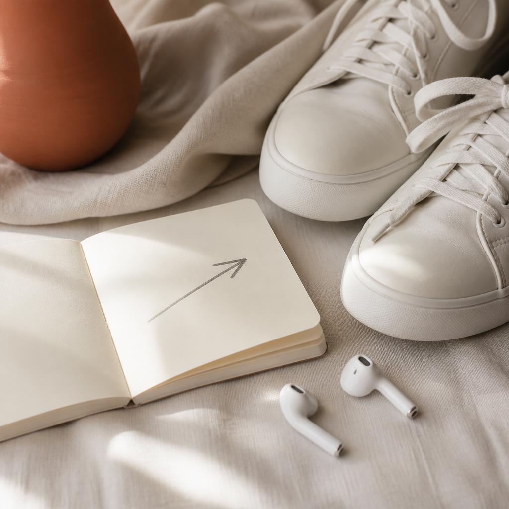 Sneakers, earbuds and an open sketchbook with a hand-drawn arrow